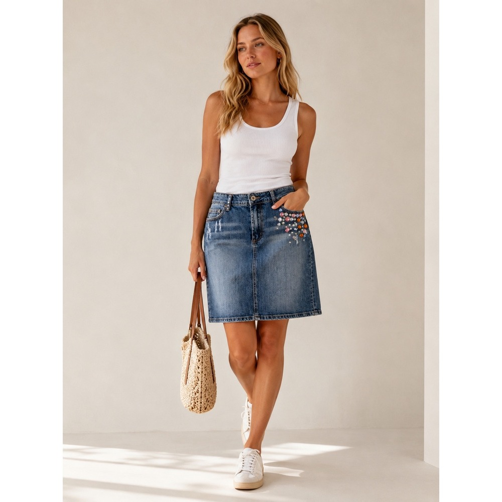 Y2K Goodtime Womens Denim Mini Skirt 1X Blue Jeweled Distressed Stretch NWT